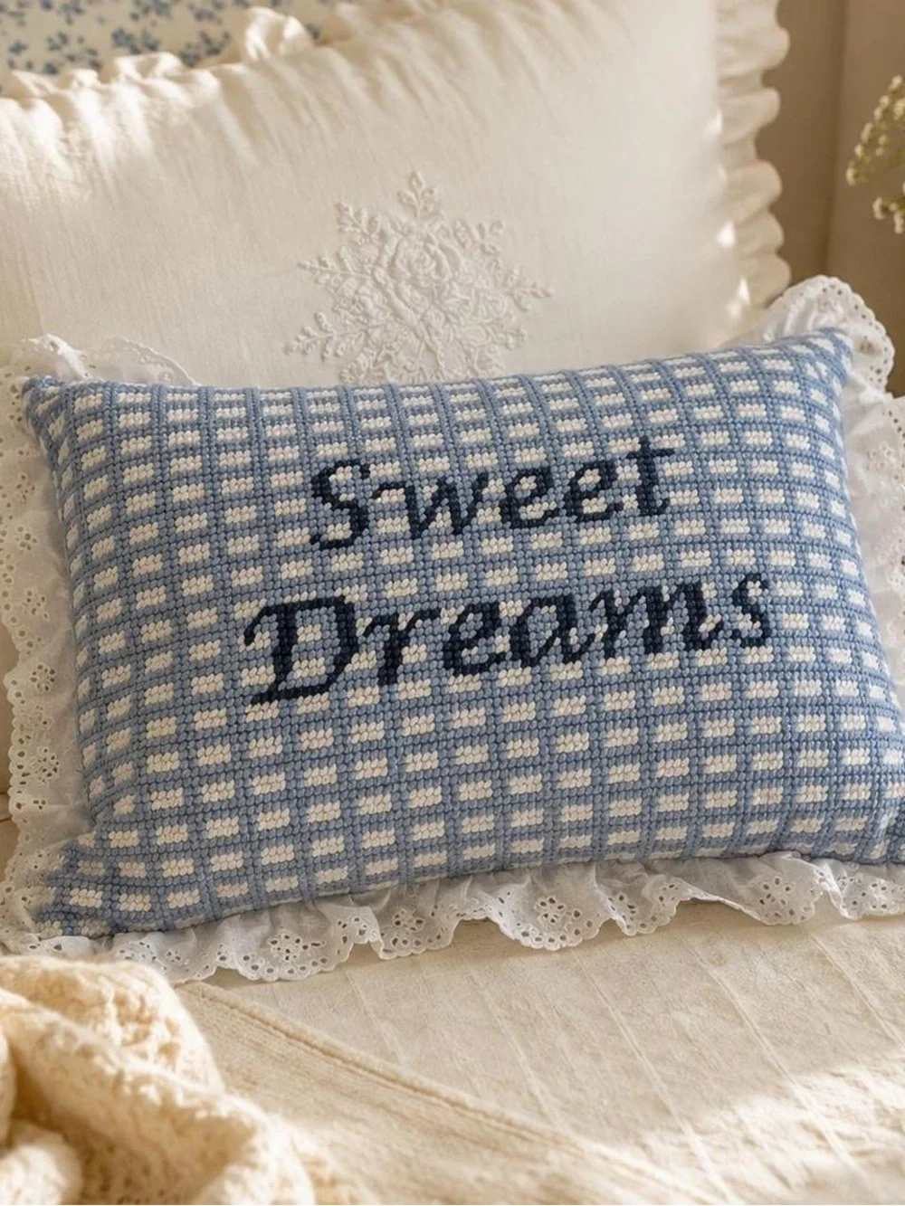Magaschoni Sweet Dreams Blue Gingham Lace Decorative Pillow NWT